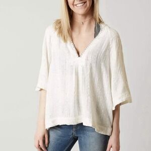 Free People Get Over It Boho Woven Sequin Top V-Neck Kimono Sleeves White Medium